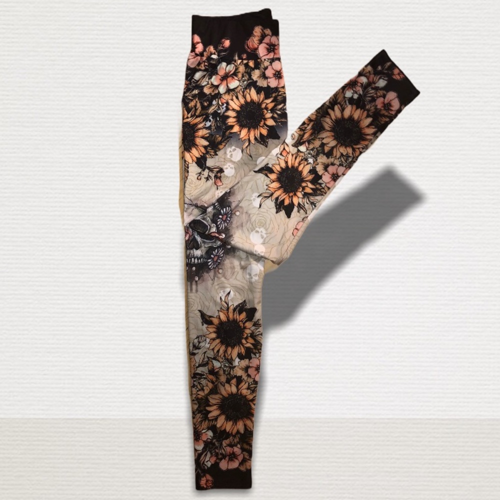 Skull Sunflower Floral Leggings Tights SZ S M Look